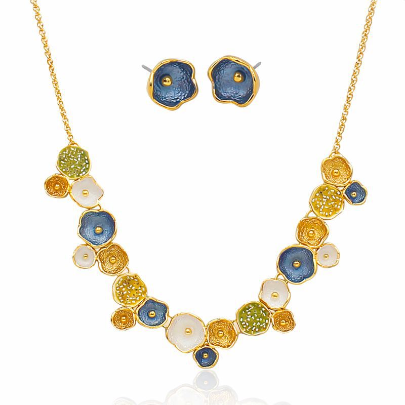 Hand-painted enamel floral necklace and earring set in KC gold finish