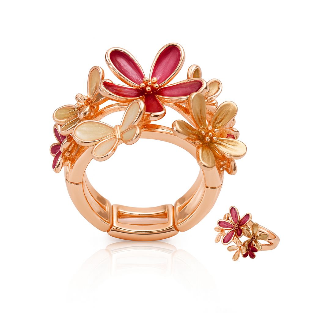 Hand painted enamel floral ring worn on hand with KC gold plating