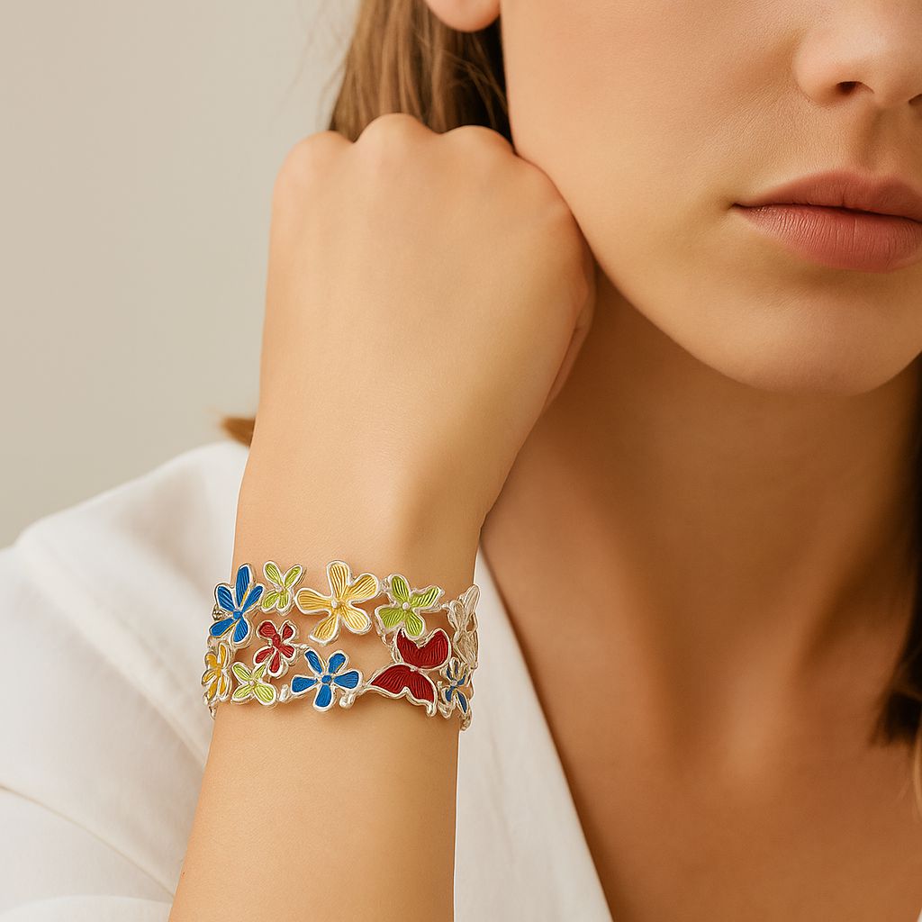 Multicolor flower stretch bracelet shown on wrist