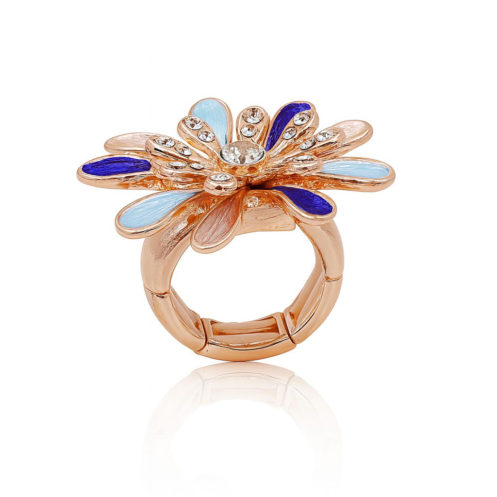Hand painted enamel flower ring in KC gold plated alloy on white background