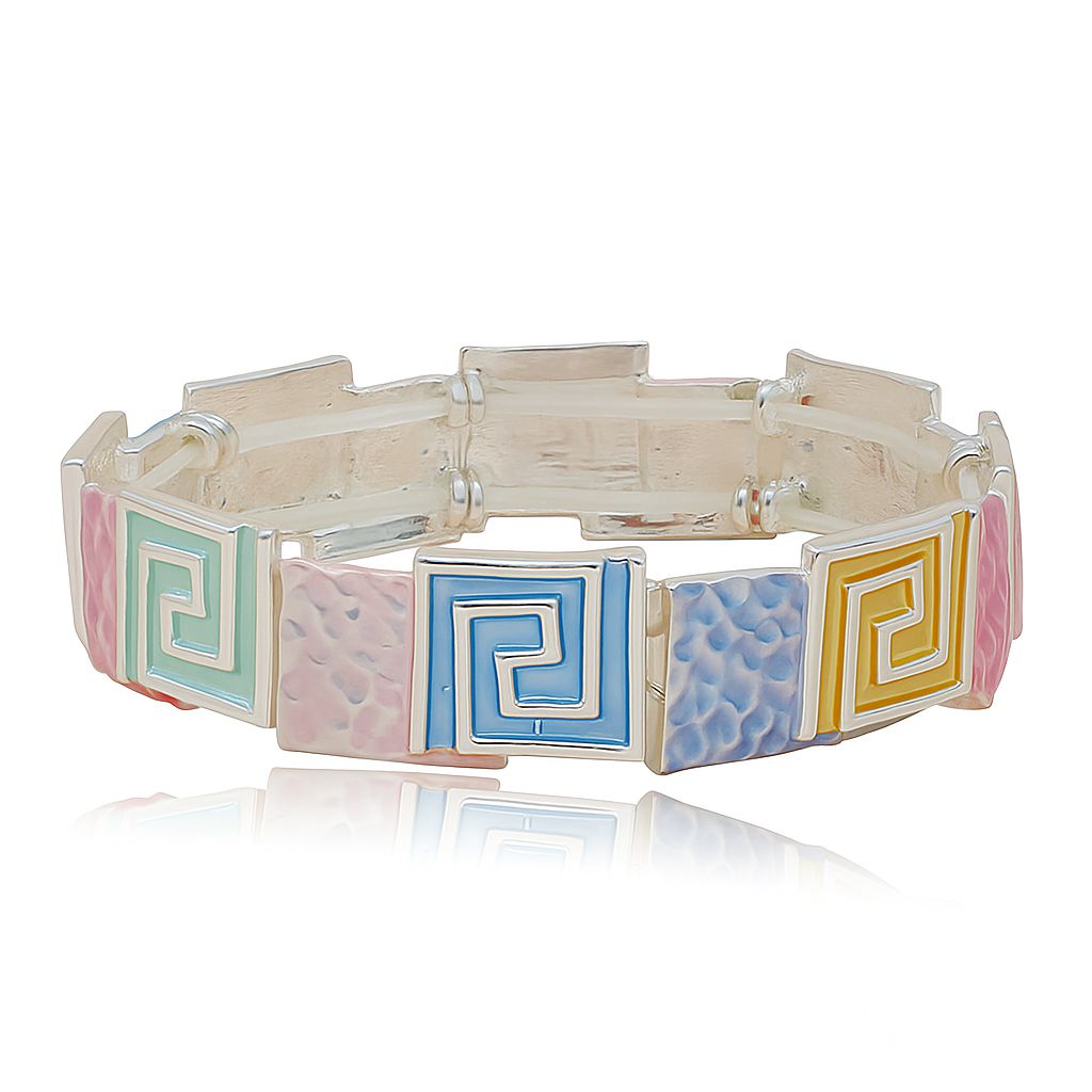 Women wearing colorful geometric enamel bracelet on wrist