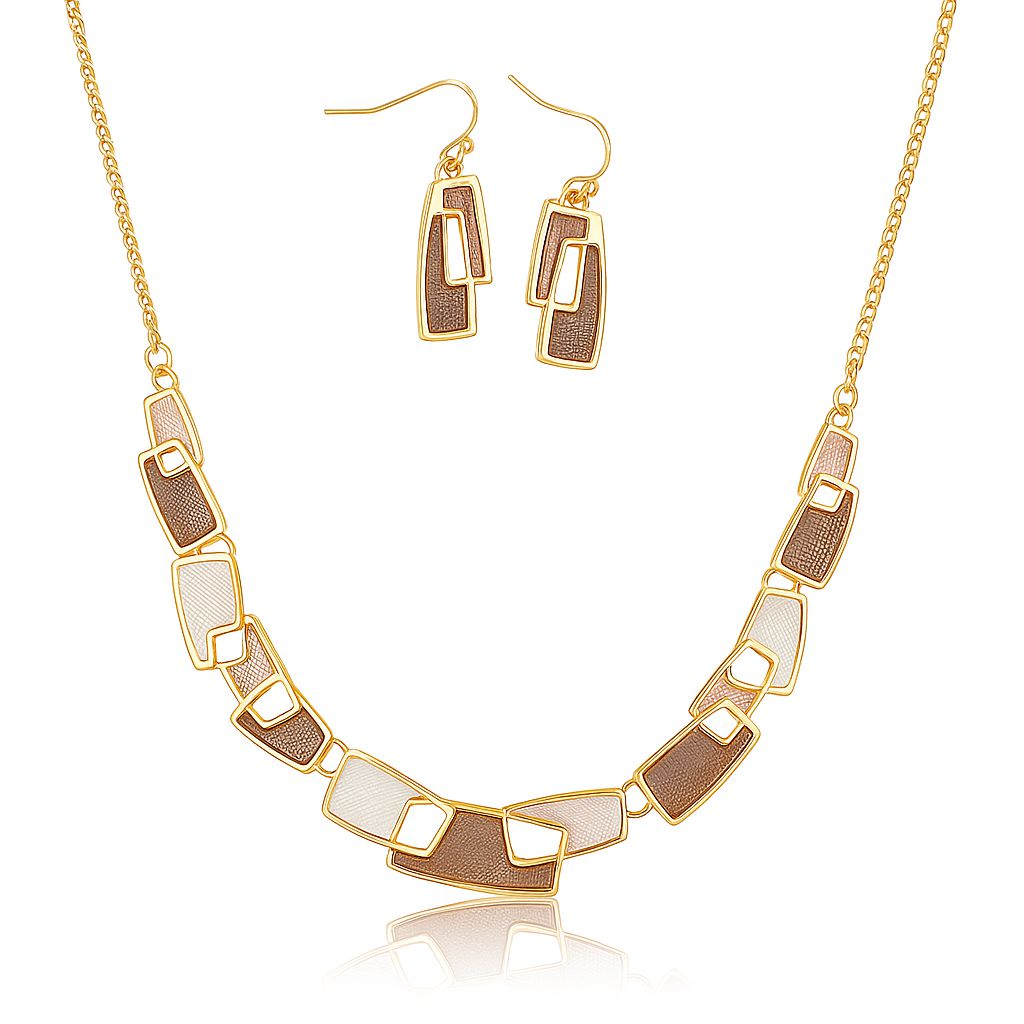 Hand painted enamel geometric necklace and earrings set in KC gold plated alloy
