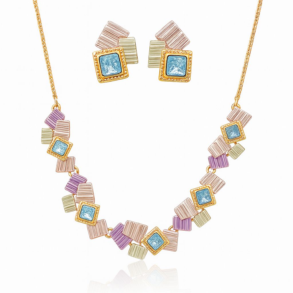 Hand-painted enamel gold necklace and earrings set with KC gold plating