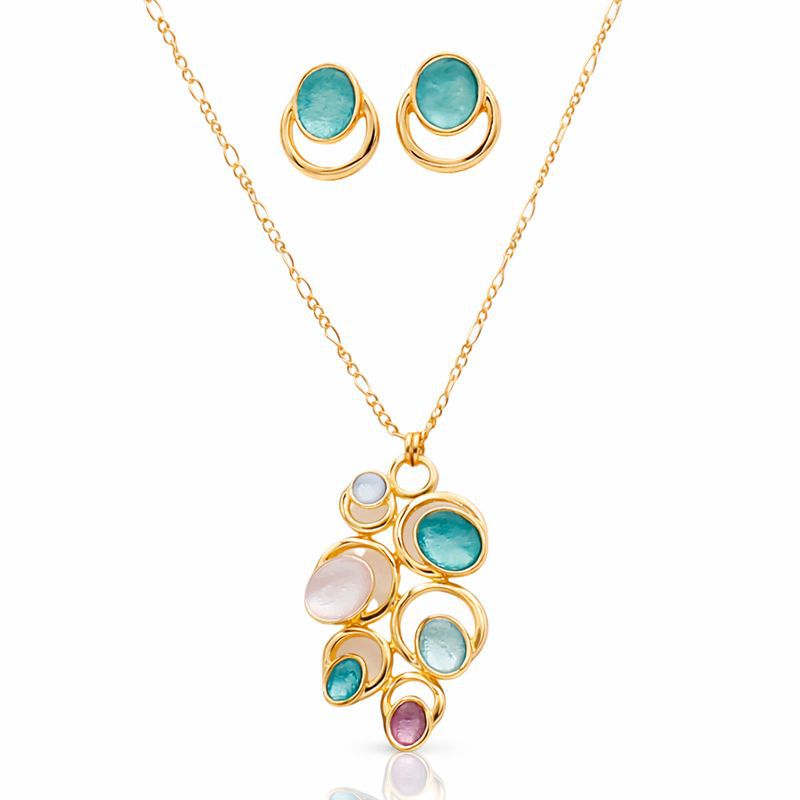 Hand painted enamel gold necklace and stud earrings set with KC gold plating