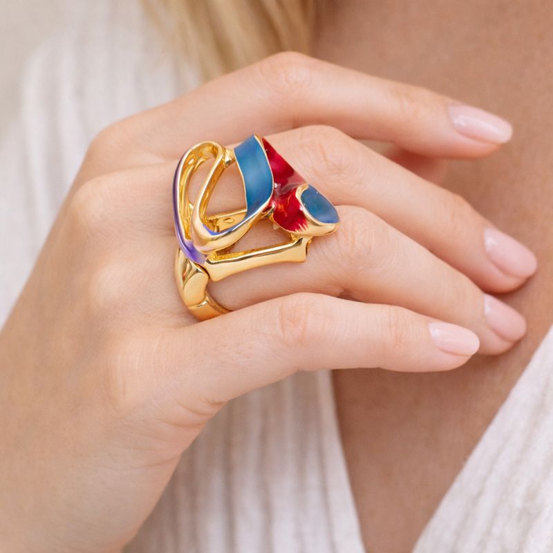 Hand painted enamel gold ring with red blue purple color block finish