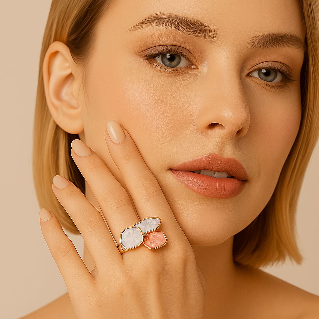 Soft abstract enamel ring in KC gold plating worn by model