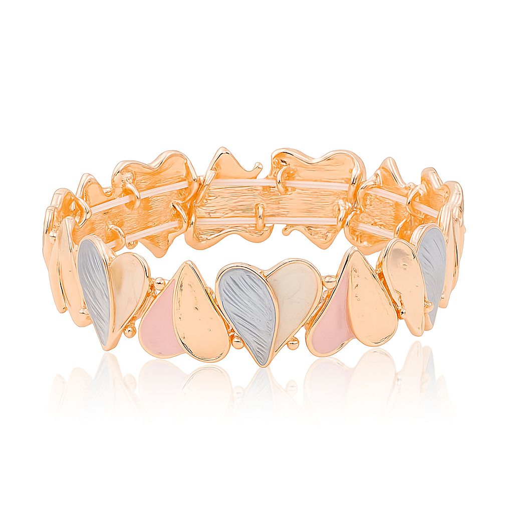 Delicate heart-shaped enamel bracelet in soft blue, ivory, and pink tones