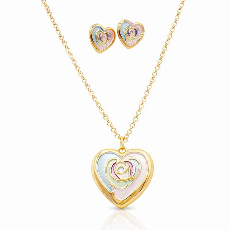 Hand painted enamel heart necklace and earrings set with KC gold plating