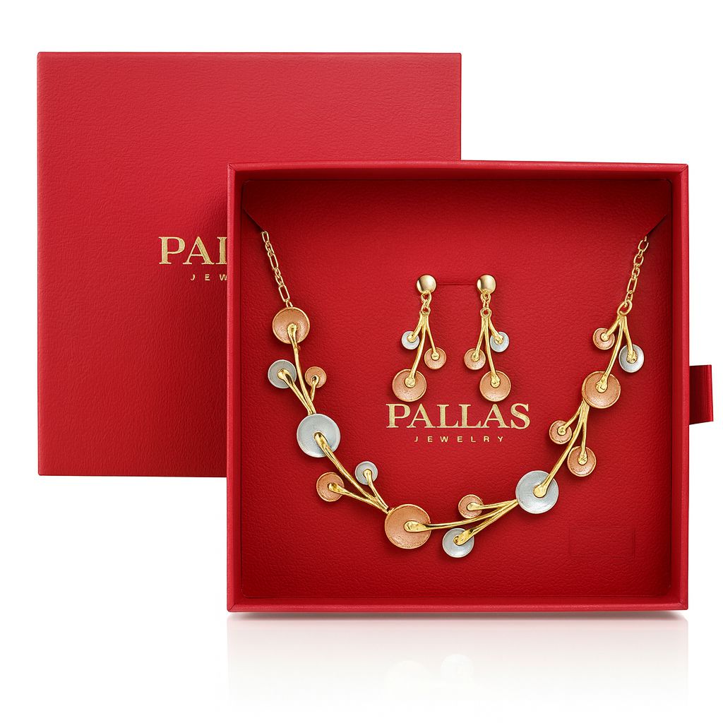 Hand-painted enamel jewelry set displayed in red gift box
