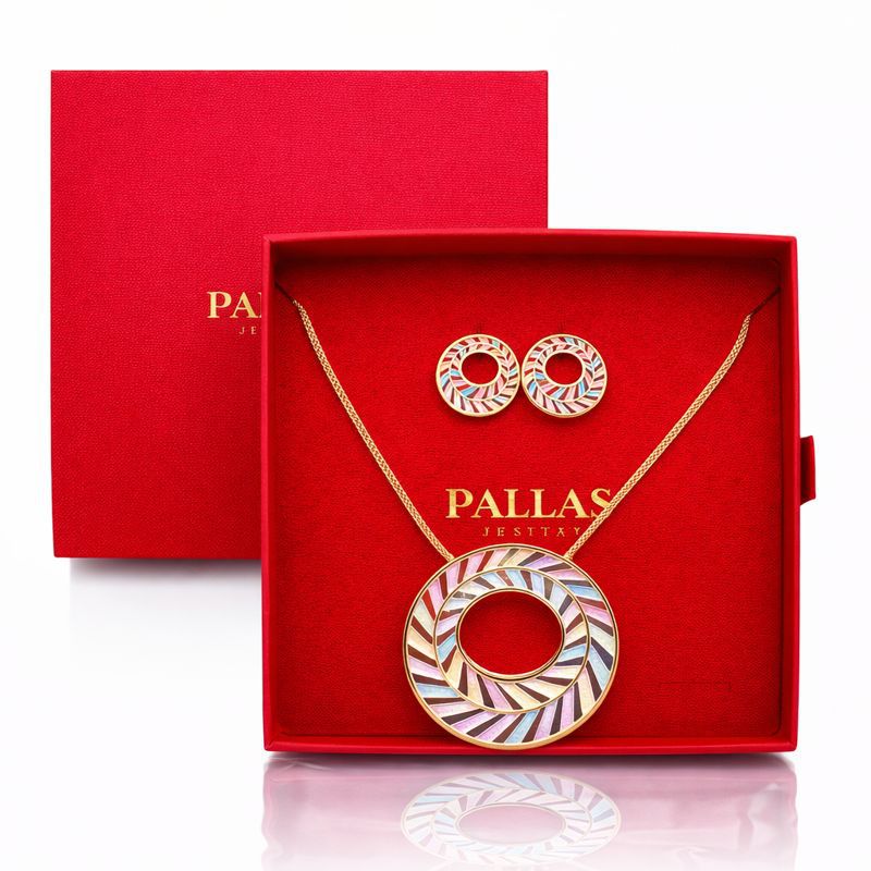 Hand painted enamel jewelry set displayed in gift box