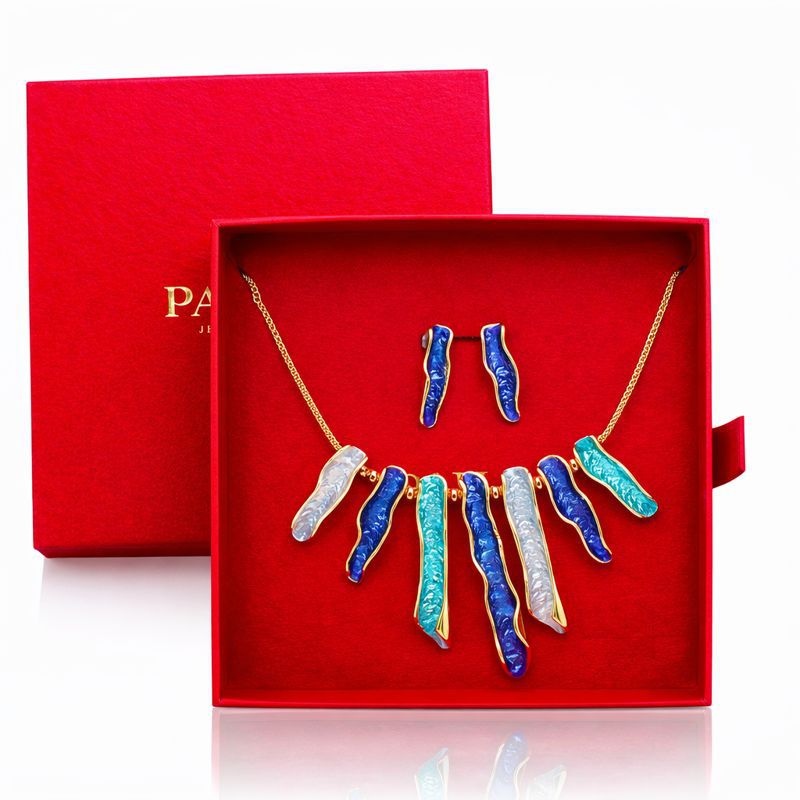 Hand-painted enamel necklace and earring set in luxury gift box