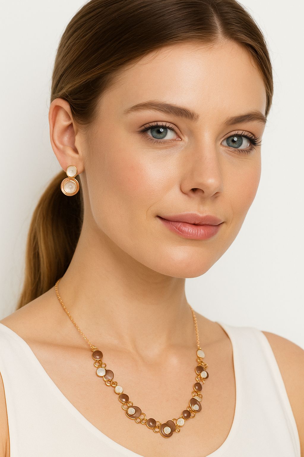 Modern enamel necklace and earrings jewelry set on model
