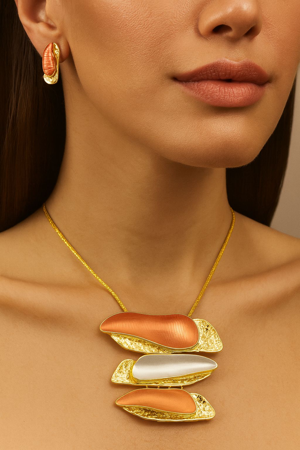 Close-up of geometric enamel jewelry with gold plating