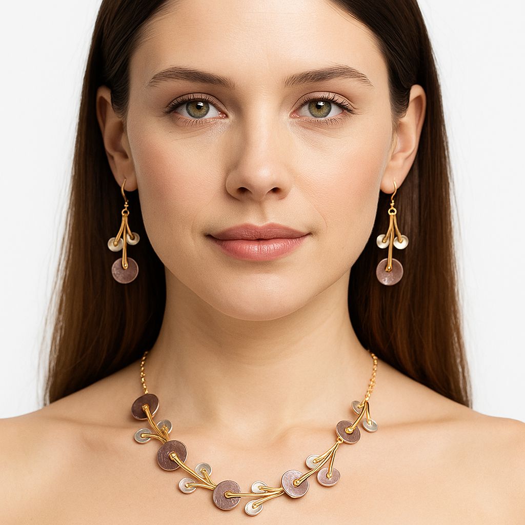 Hand-painted enamel necklace and earrings set worn by model