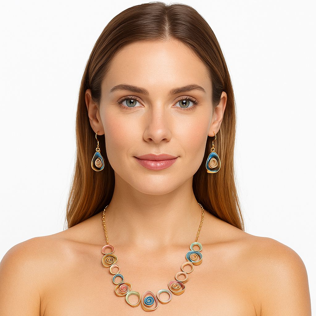 Hand painted enamel swirl necklace and earrings worn by model