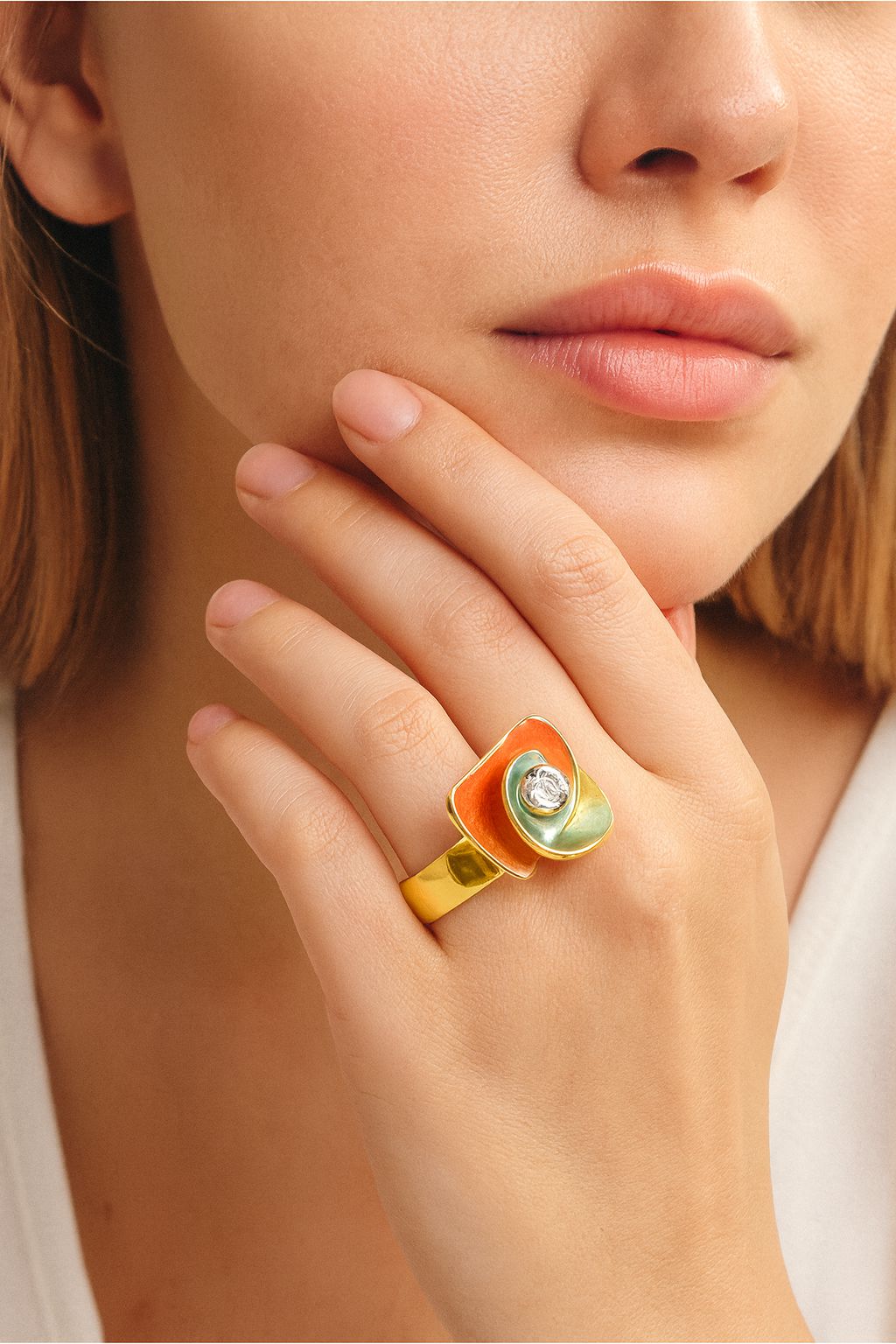 Hand-painted layered enamel ring in orange and aqua with gold finish