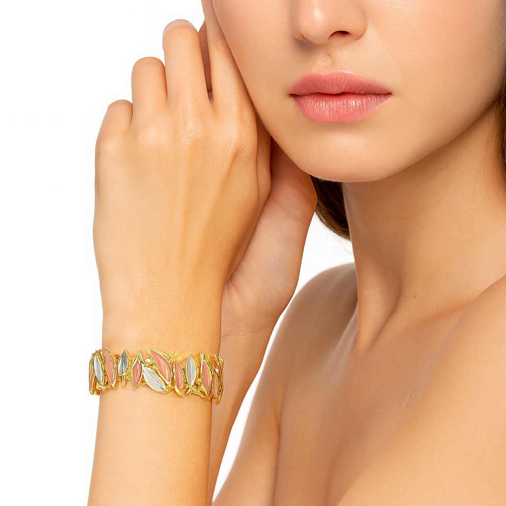Artistic leaf design bracelet for women, hand-painted thin enamel