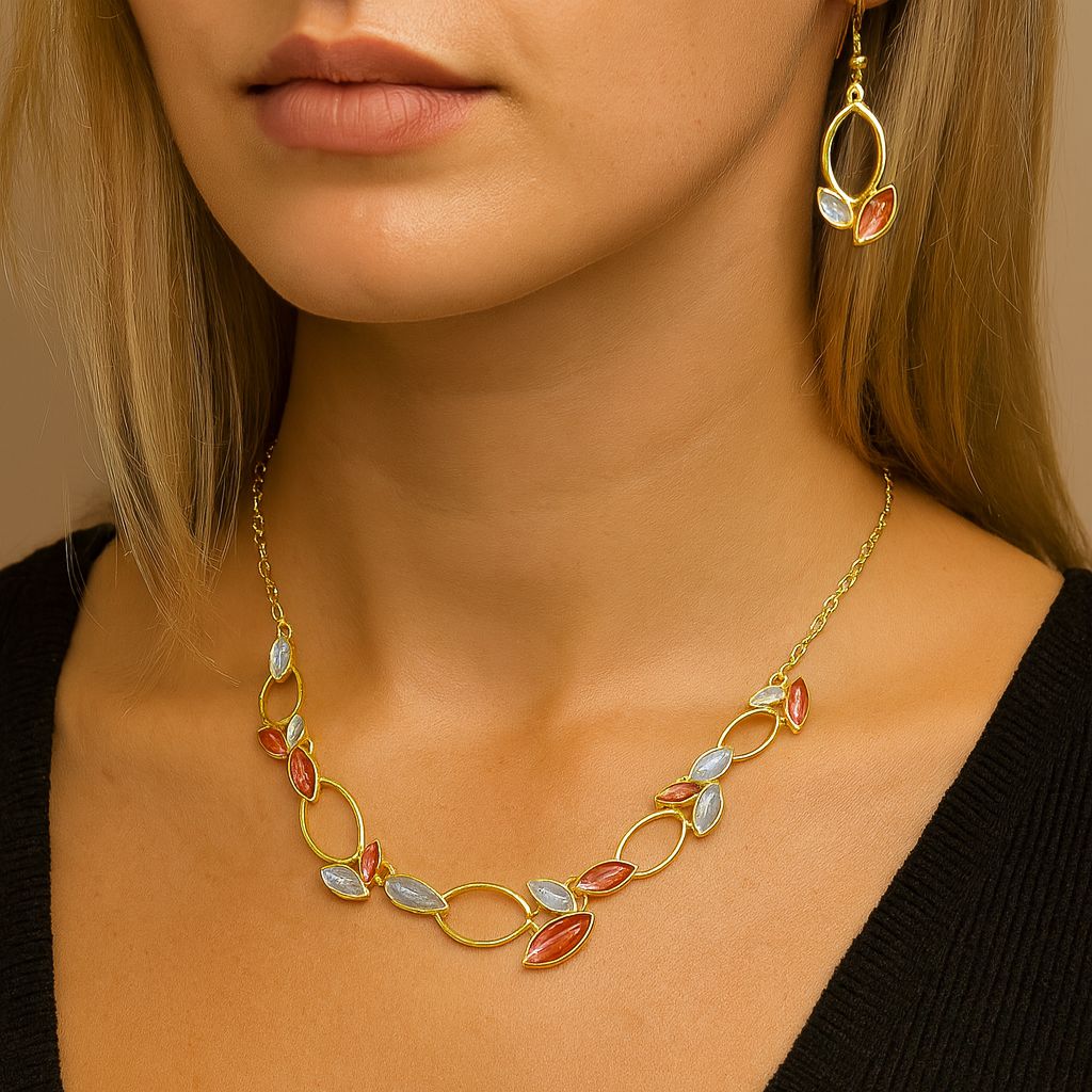 Close-up of artistic enamel necklace with modern leaf shapes