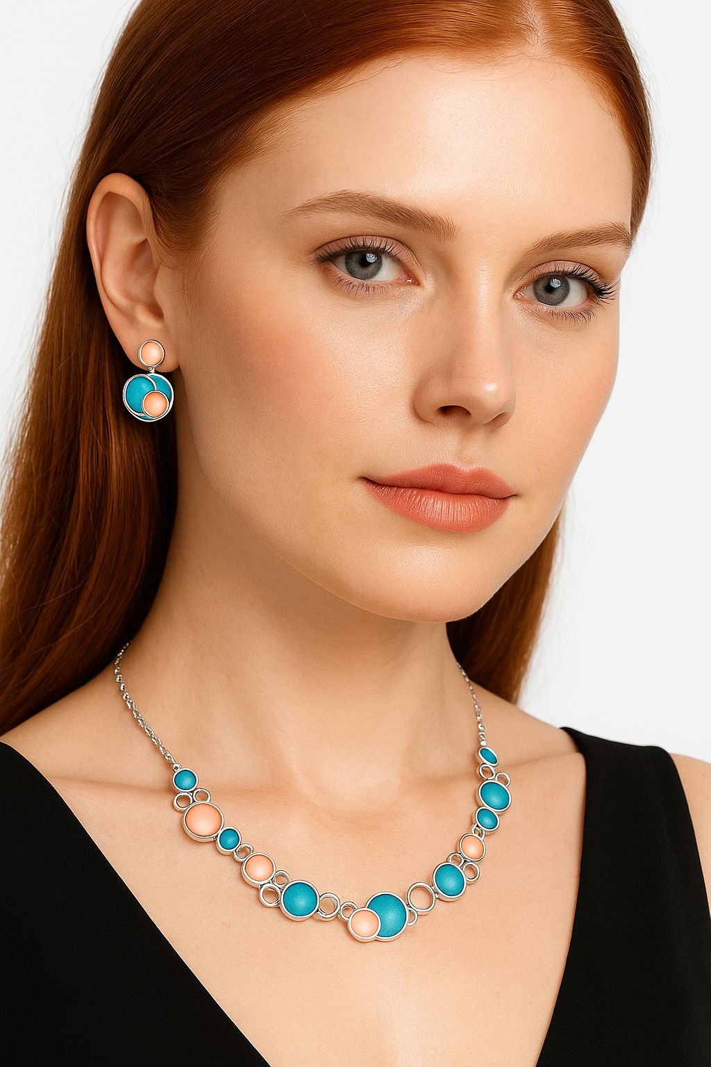 Hand-painted enamel necklace and earring set worn by model with KC gold plated alloy finish