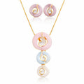 Hand painted enamel necklace and earrings set with KC gold plating worn by model