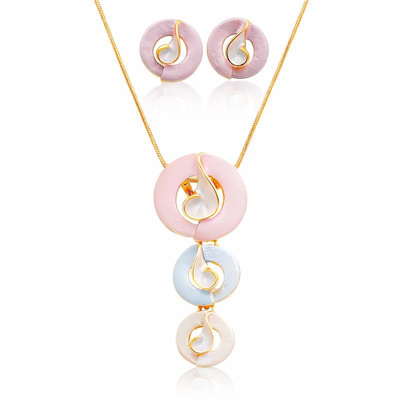 Hand painted enamel necklace and earrings set with KC gold plating worn by model