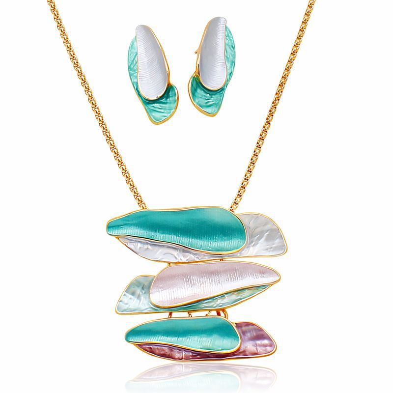 Hand painted enamel necklace and earrings set with KC gold plating