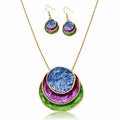 Hand painted enamel necklace and earrings set with layered round pendant in KC gold plated alloy