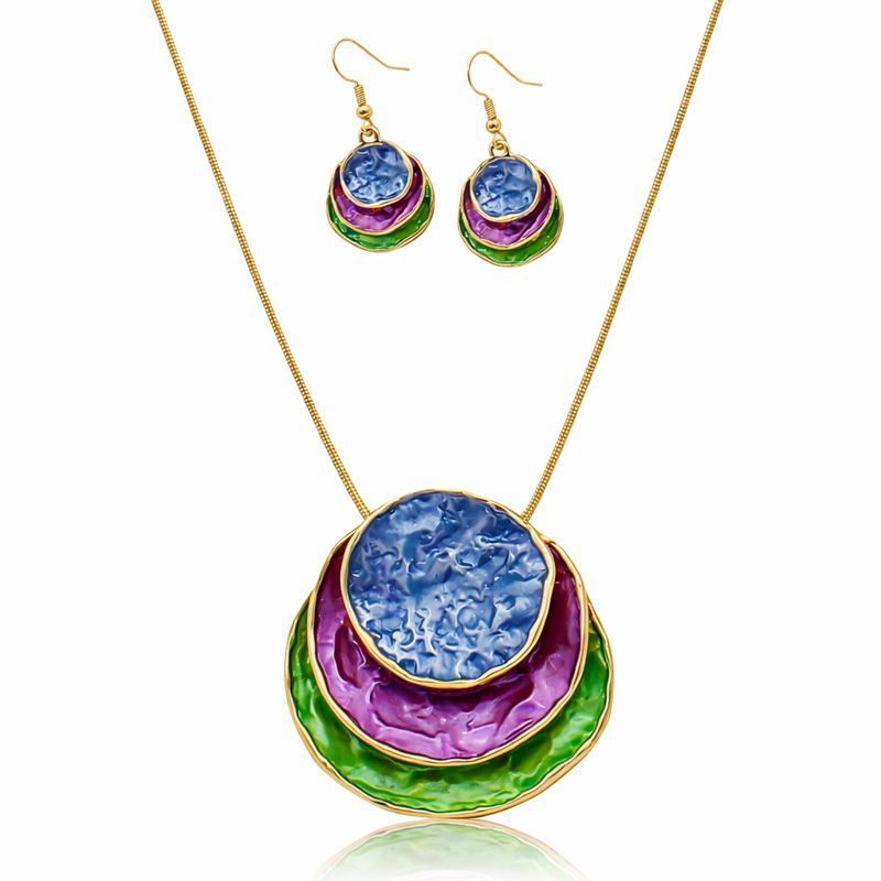 Hand painted enamel necklace and earrings set with layered round pendant in KC gold plated alloy