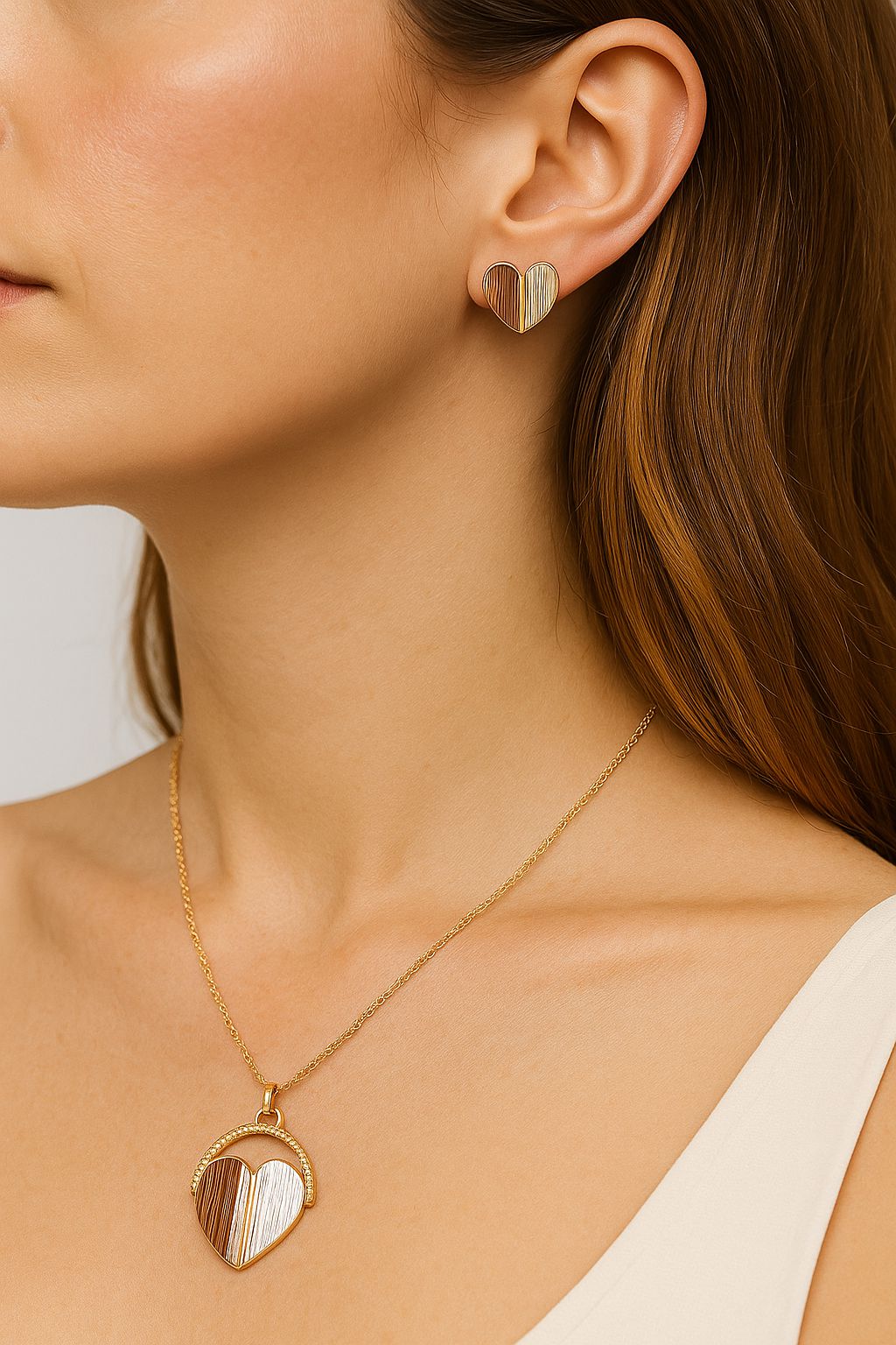 KC gold plated enamel necklace worn by female model