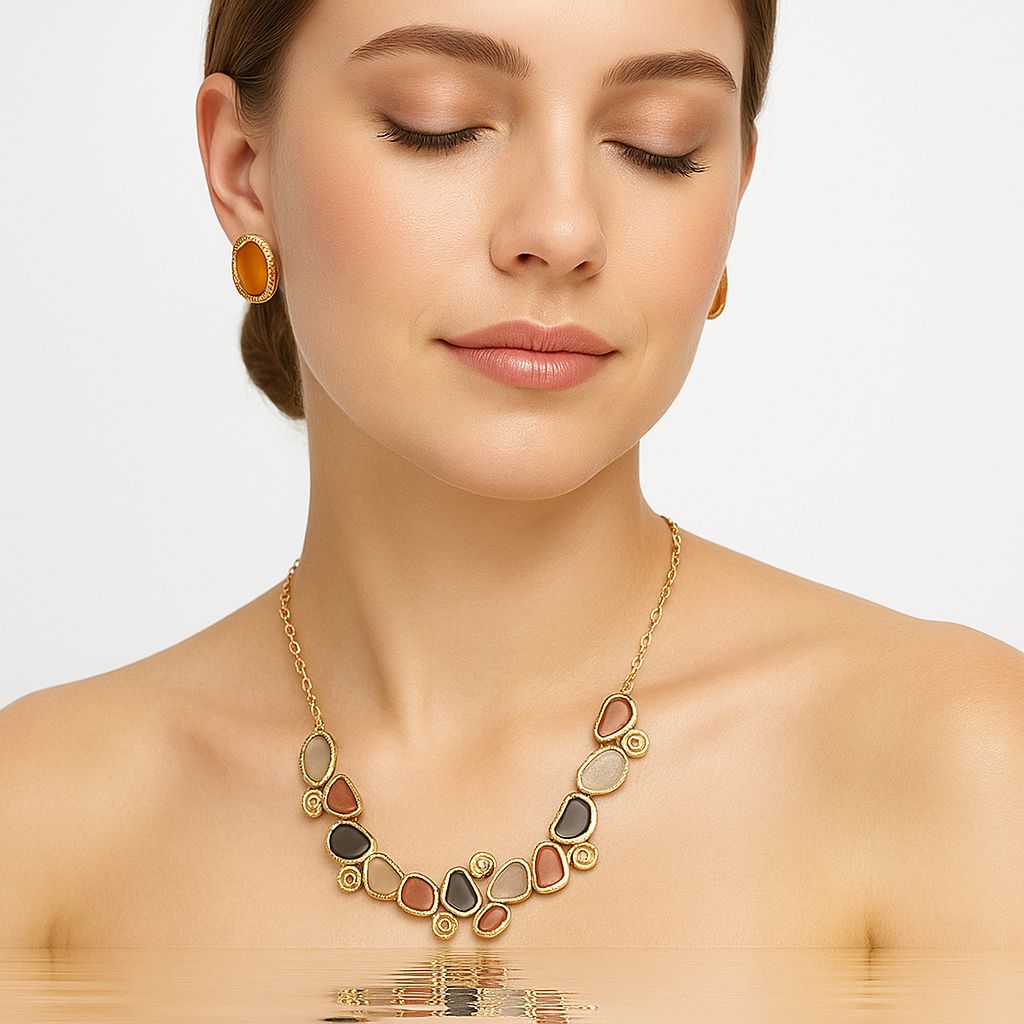 Model wearing KC gold plated hand-painted enamel necklace