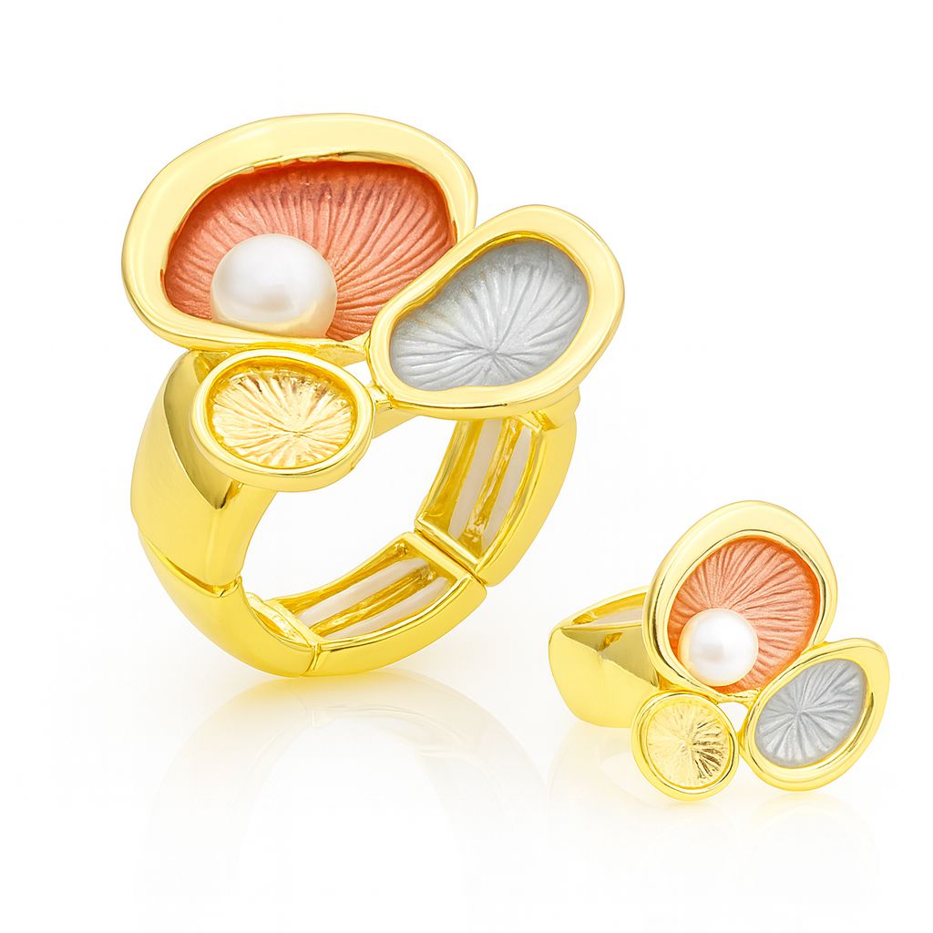 Hand-painted enamel pearl ring in KC gold for women