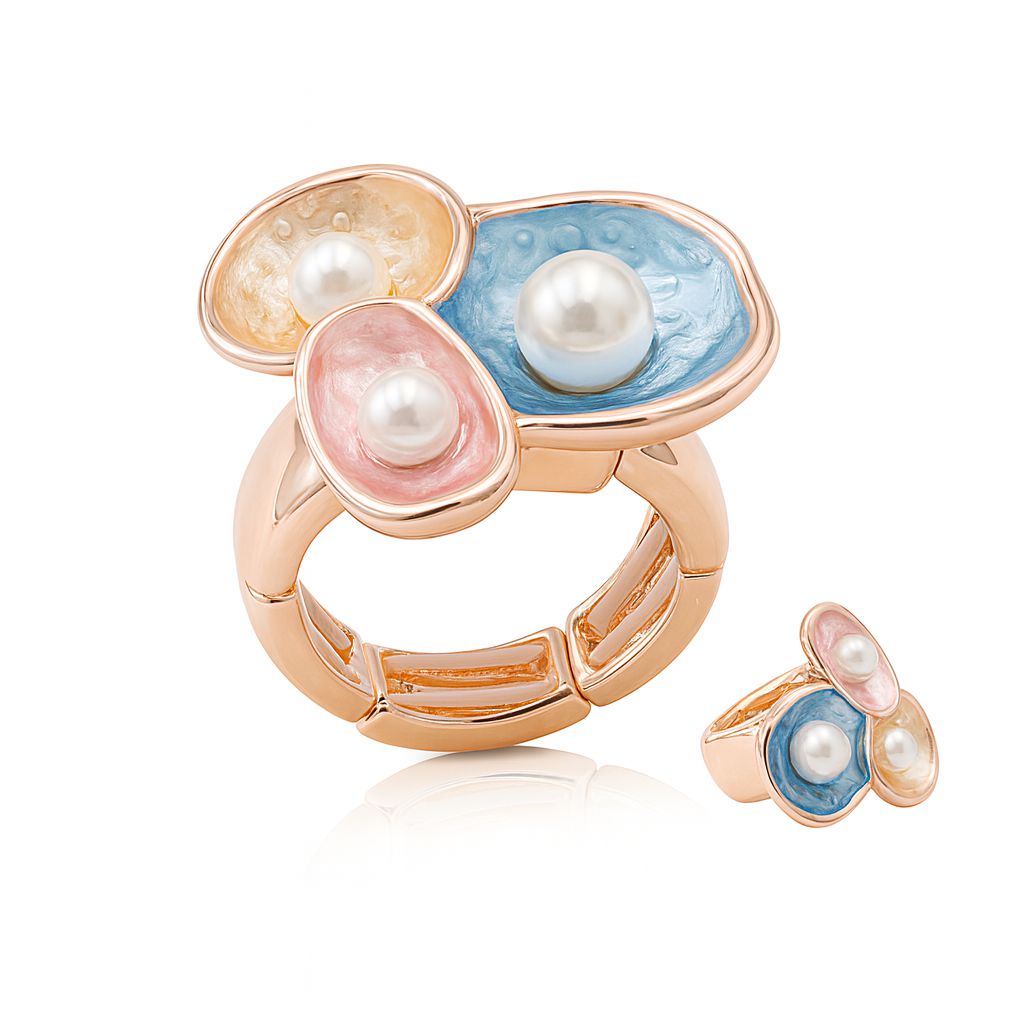 Hand painted enamel pearl ring in KC gold plated alloy for women