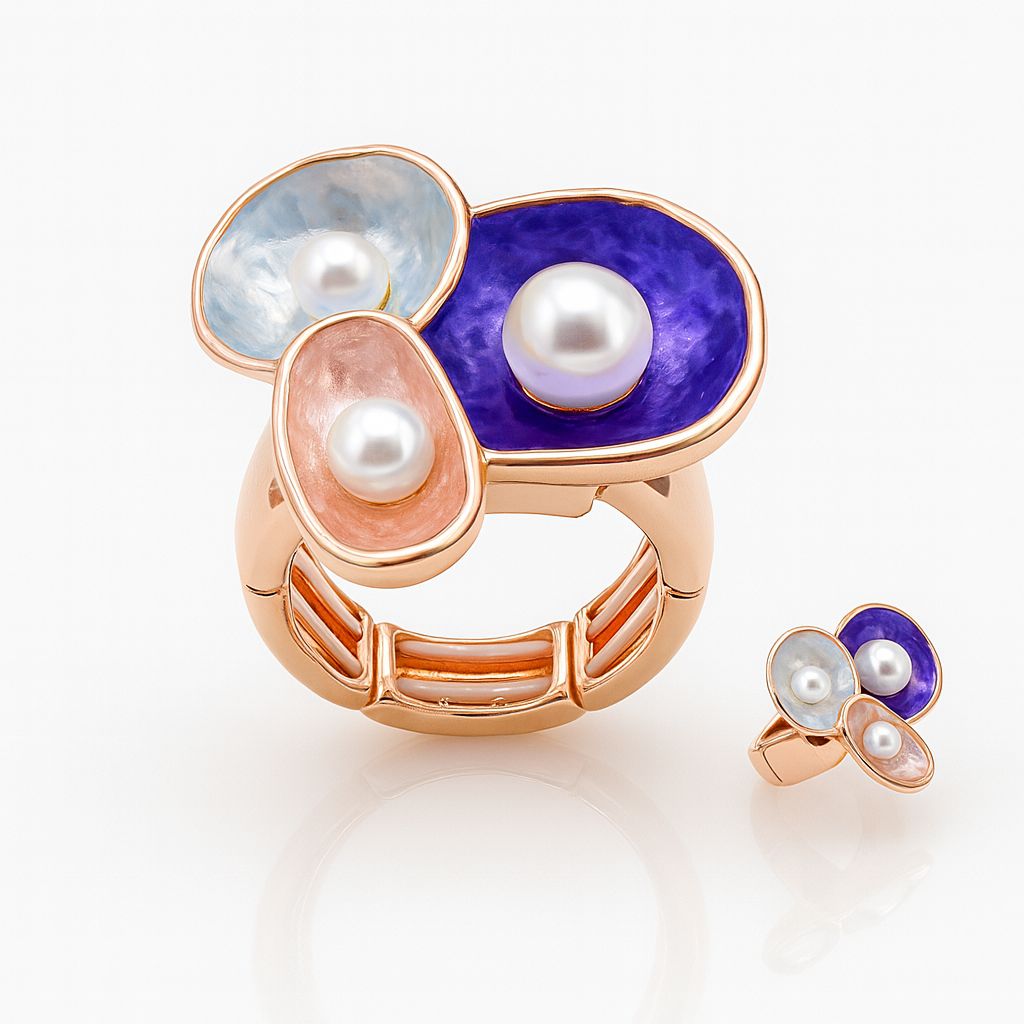 Hand painted enamel pearl ring with KC gold plating and adjustable alloy band