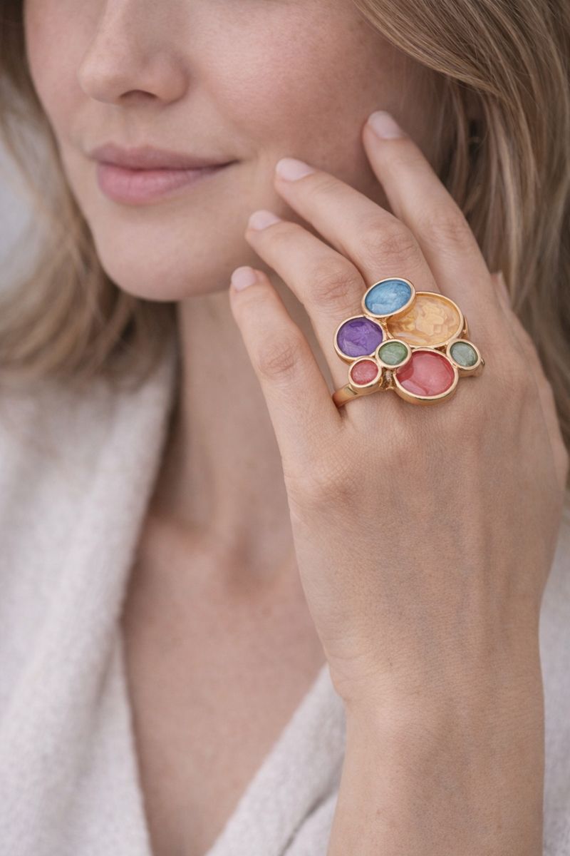 Close-up of hand painted enamel color block ring in gold