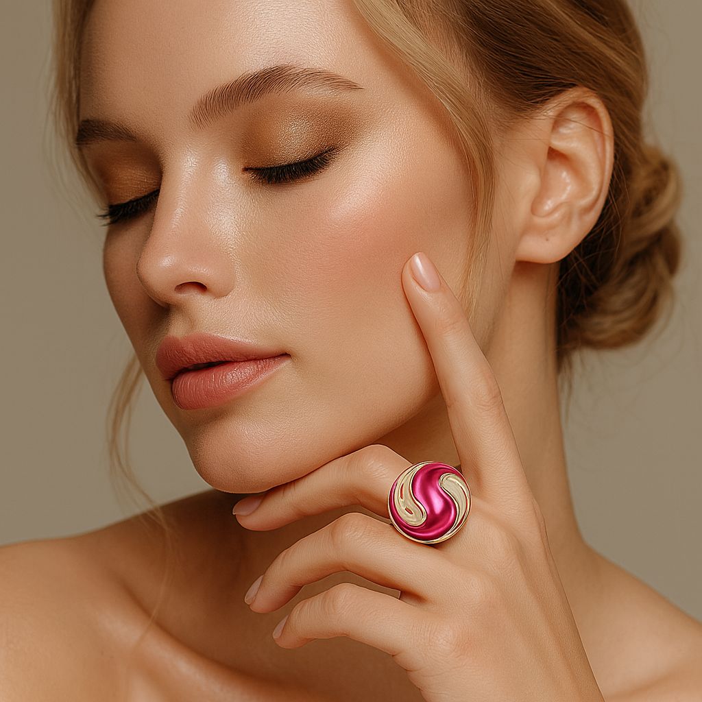 Artistic hand painted enamel ring worn on hand