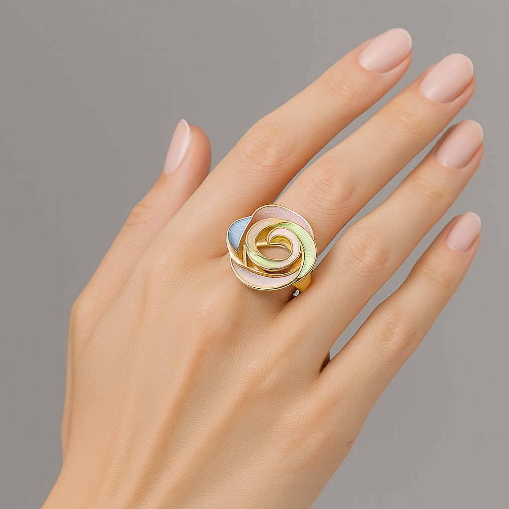 Close-up of hand-painted enamel details on KC gold plated ring