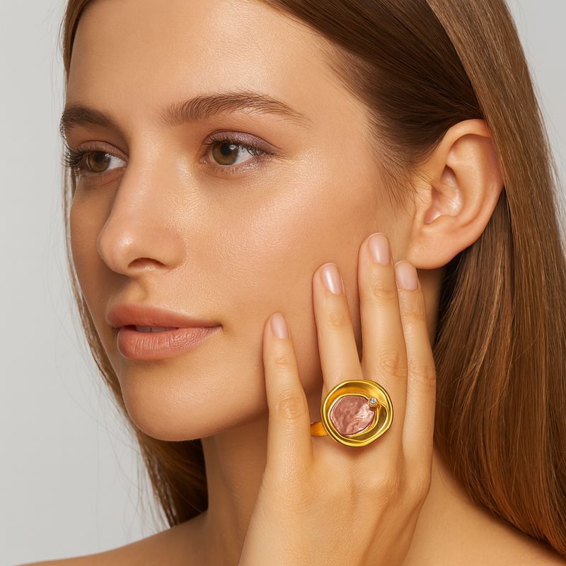 Artistic gold plated enamel ring worn on hand