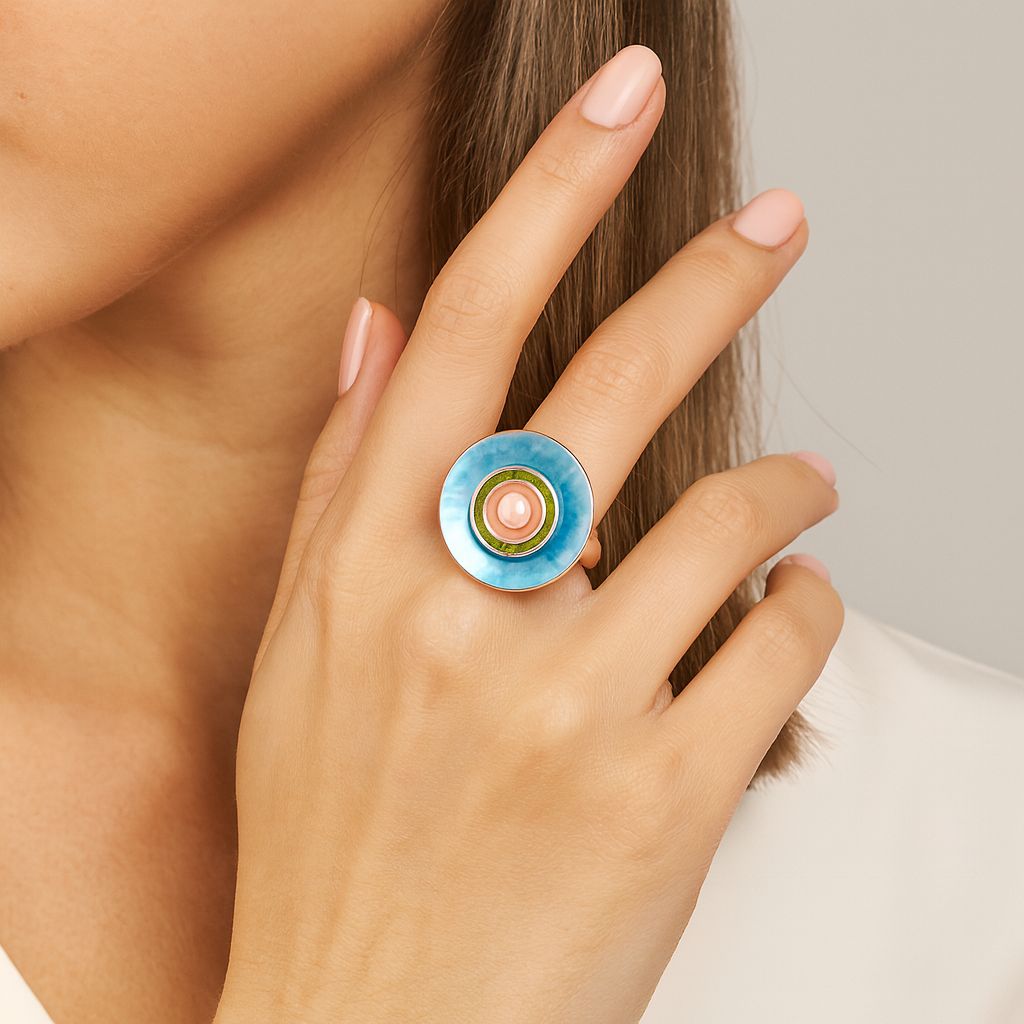 Artistic hand painted enamel ring worn on finger with KC gold plated finish