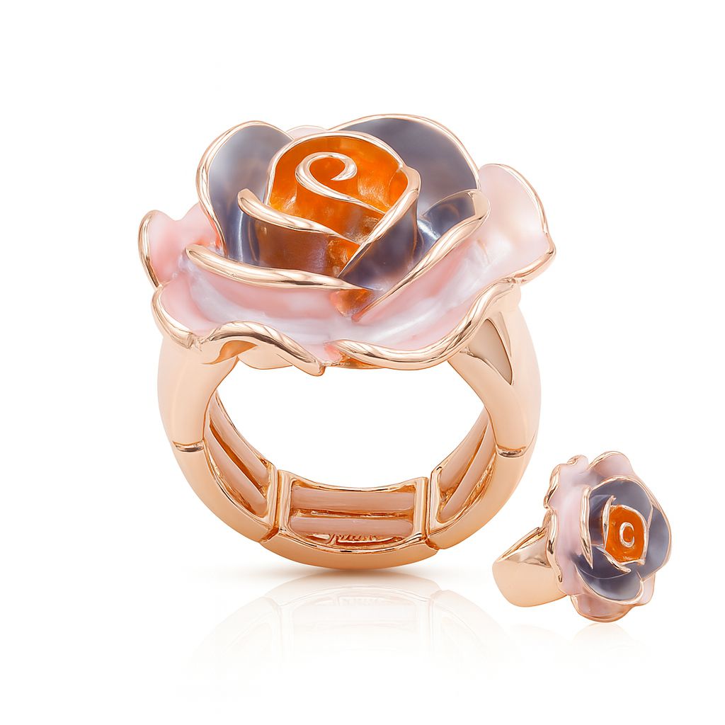 Hand painted enamel rose statement ring in KC gold plated alloy worn on model