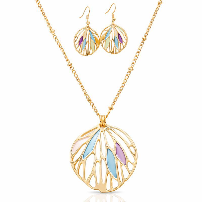Hand painted enamel shell necklace and earrings set in KC gold plated alloy
