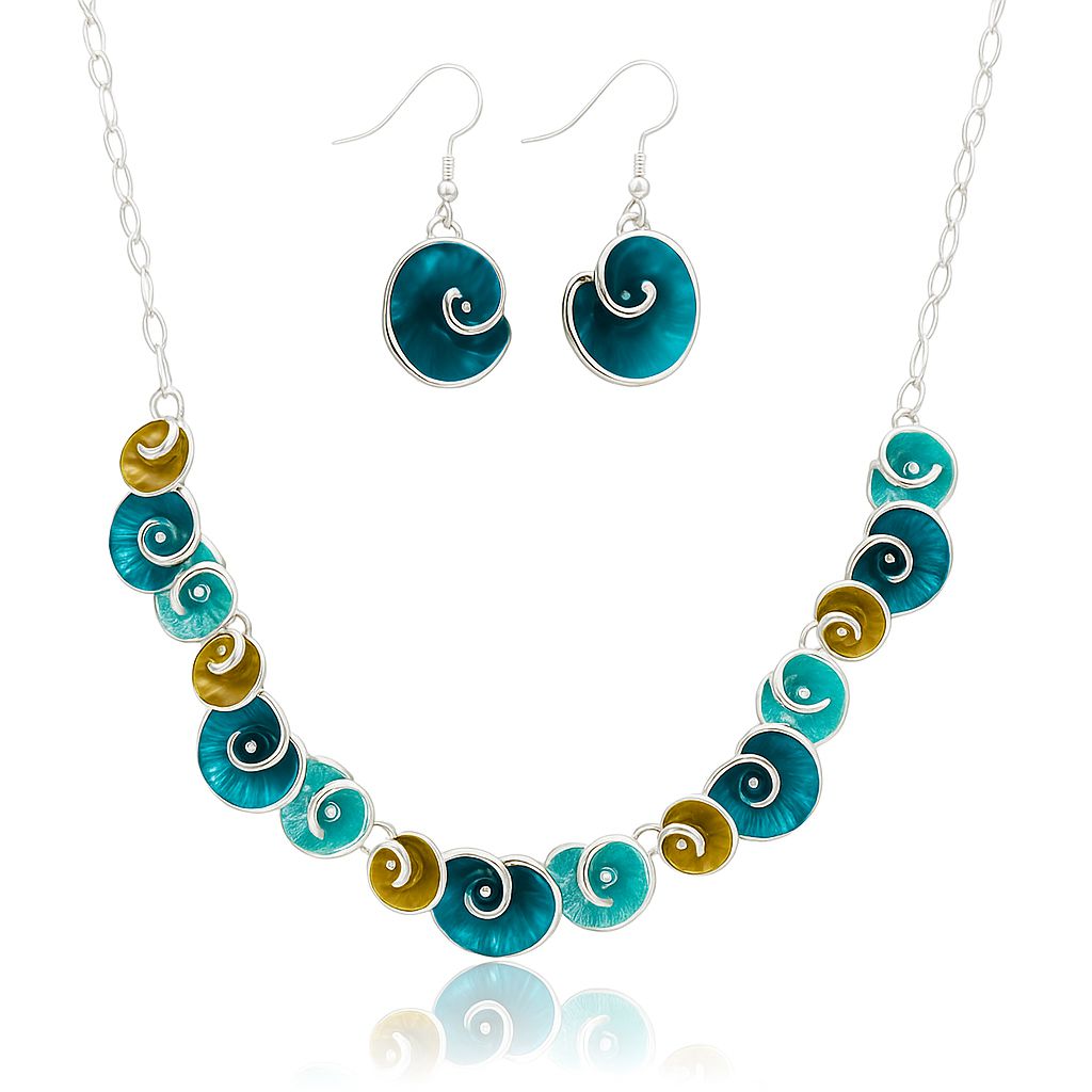 Colorful enamel disc necklace and matching earrings jewelry set