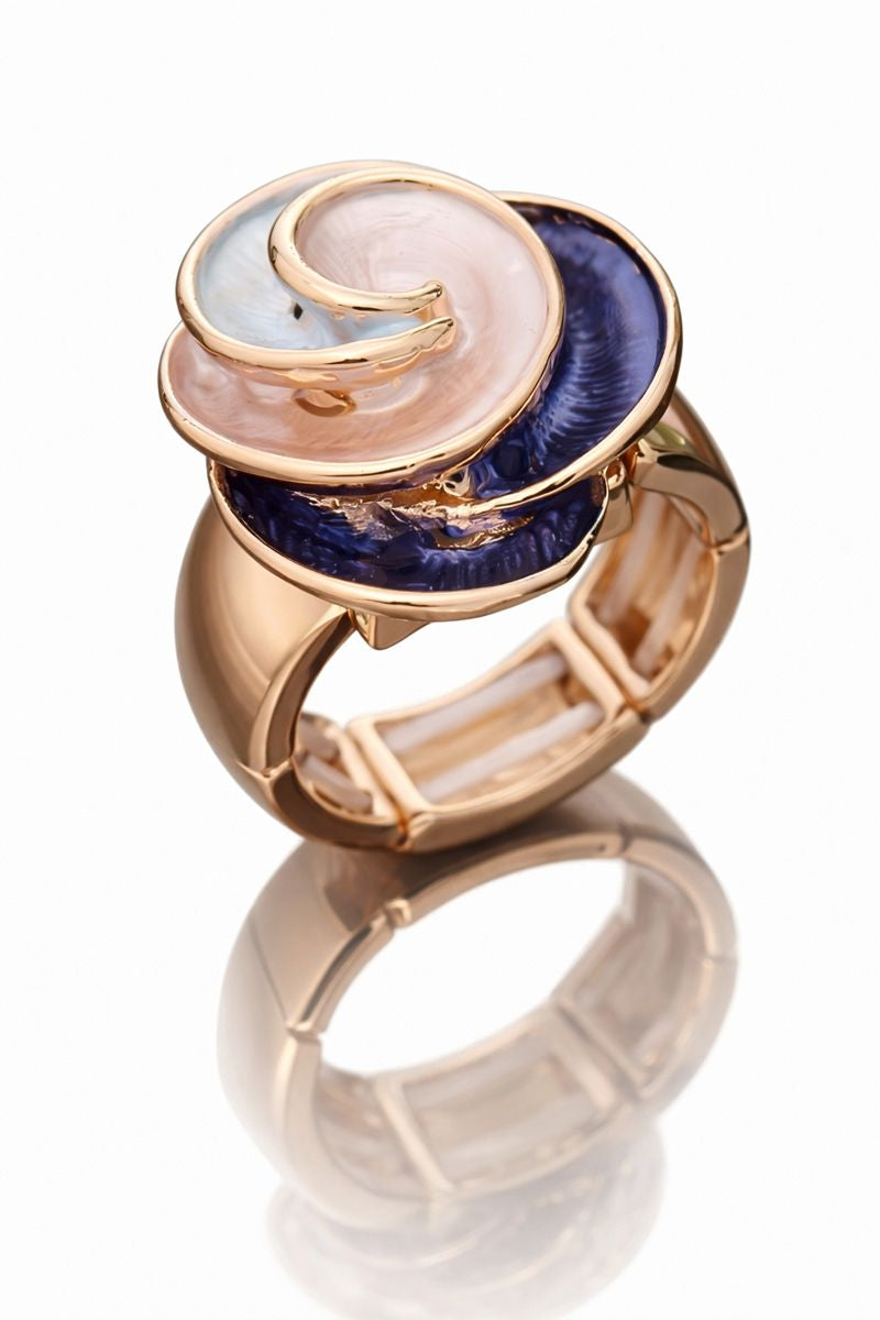 Hand painted enamel spiral ring with KC gold plating, artistic statement jewelry