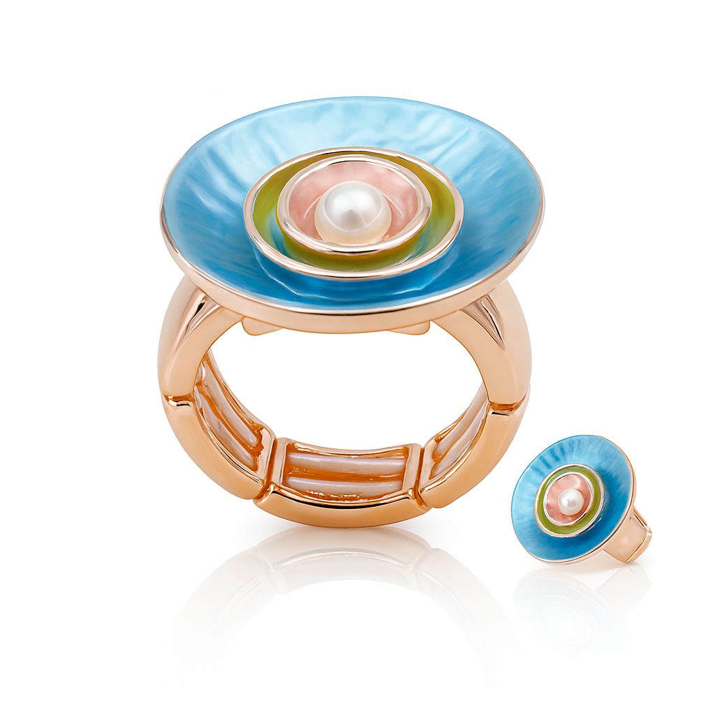 Hand painted enamel statement ring with KC gold plating and artistic floral design