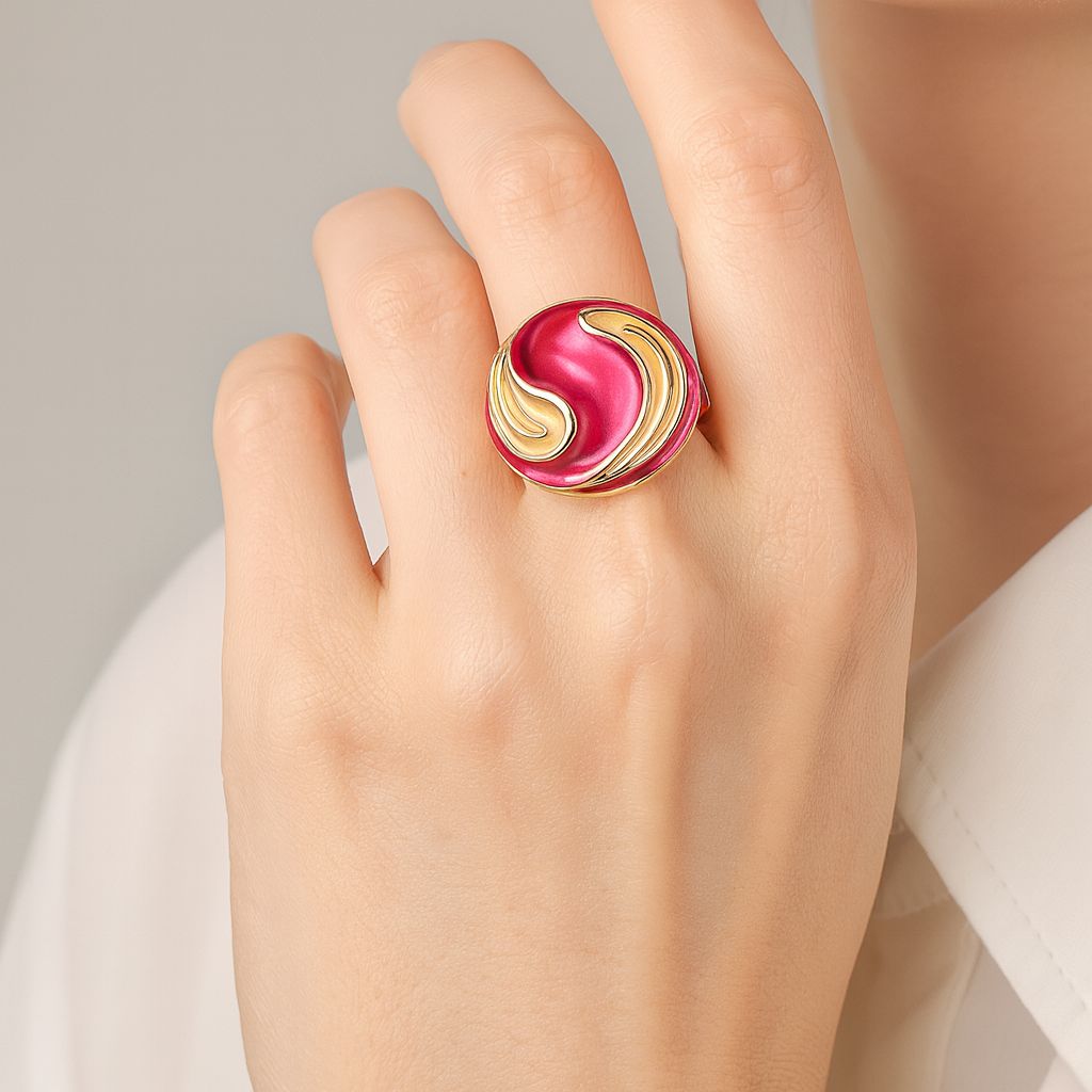 KC gold plated ring with hand painted enamel swirl design