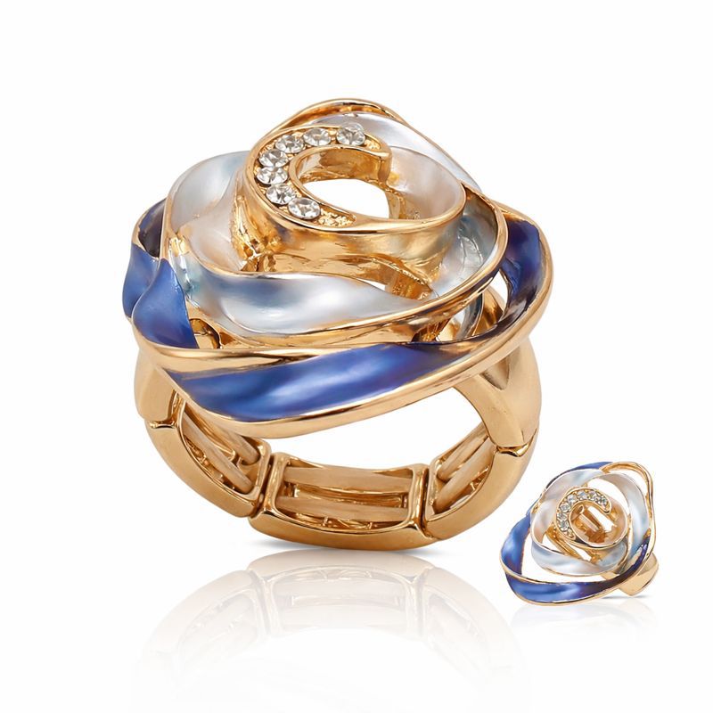 Hand-painted enamel swirl ring with blue and white tones in KC gold
