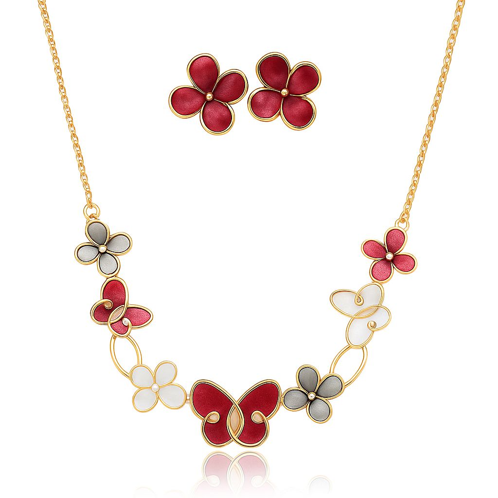 Hand painted floral enamel necklace and earring set in KC gold plated alloy