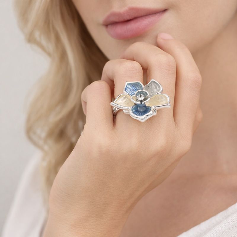 Hand painted enamel flower silver ring with KC silver plating
