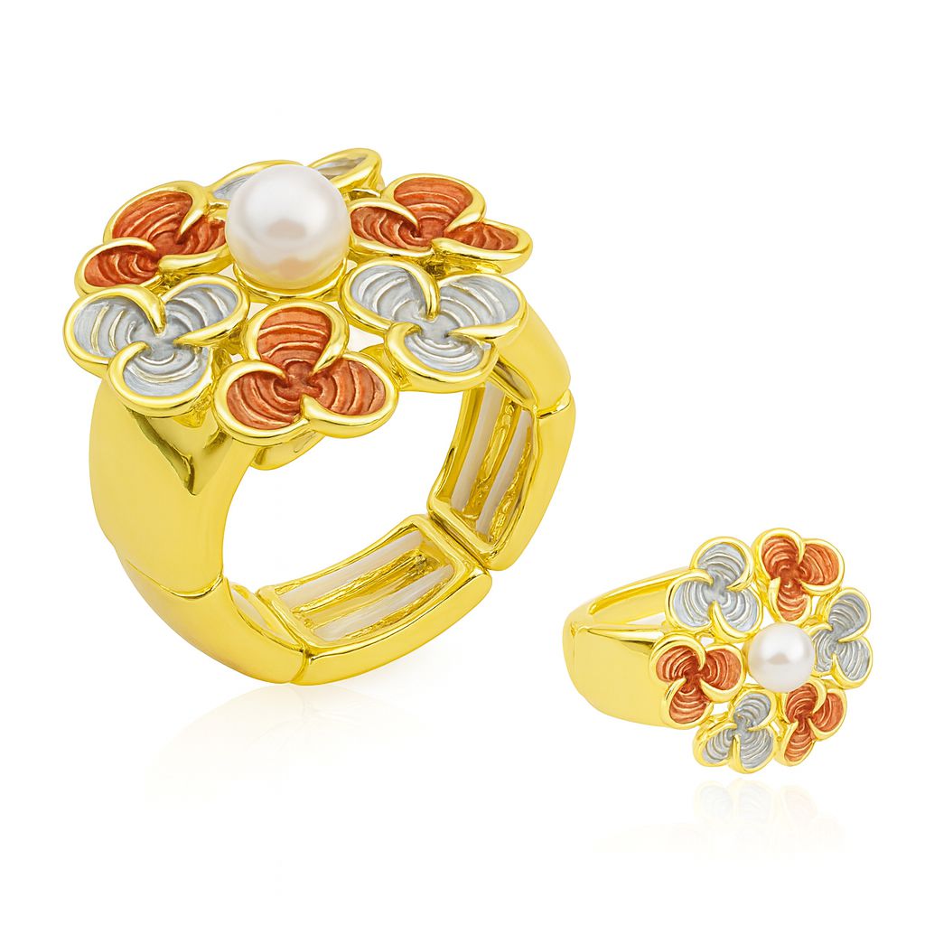 Hand-painted enamel flower ring with KC gold plating and pearl center