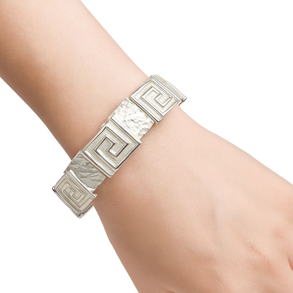 Hand-painted Greca enamel bangle bracelet laid flat, stretch fit design