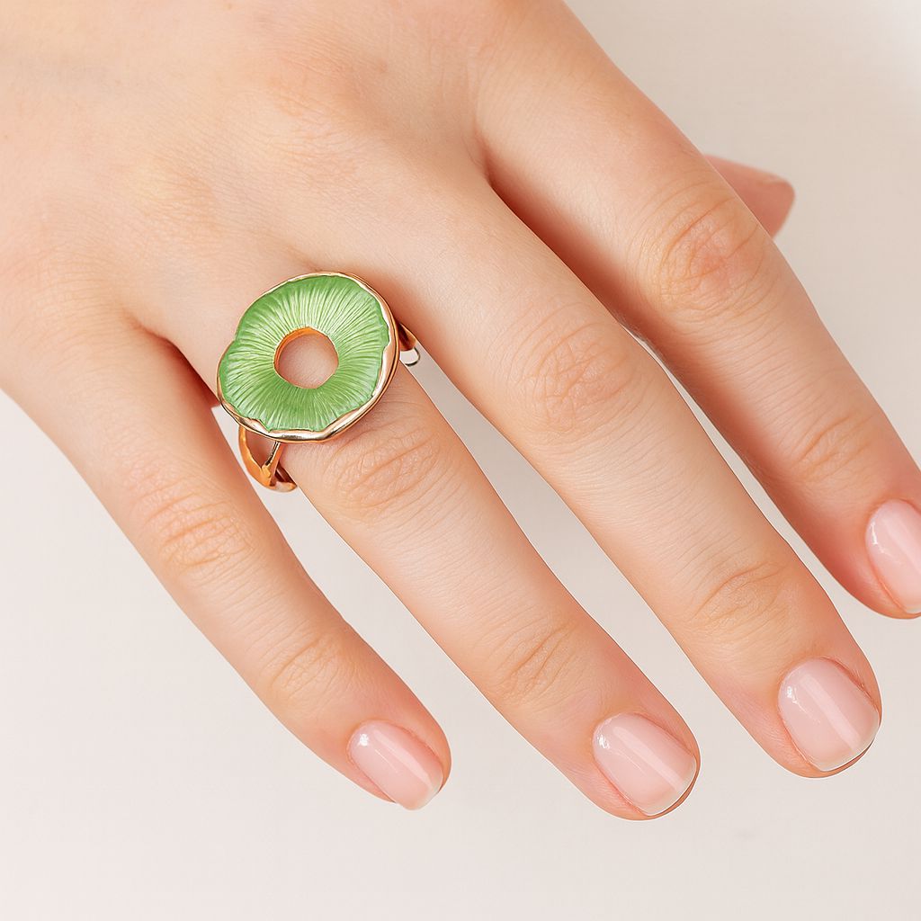 Hand-painted green enamel texture on KC gold plated alloy ring